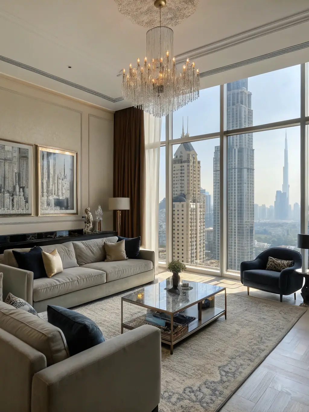 A well-lit, high-end London apartment living room featuring custom-designed furniture, showcasing Art Smart London's full interior design service.