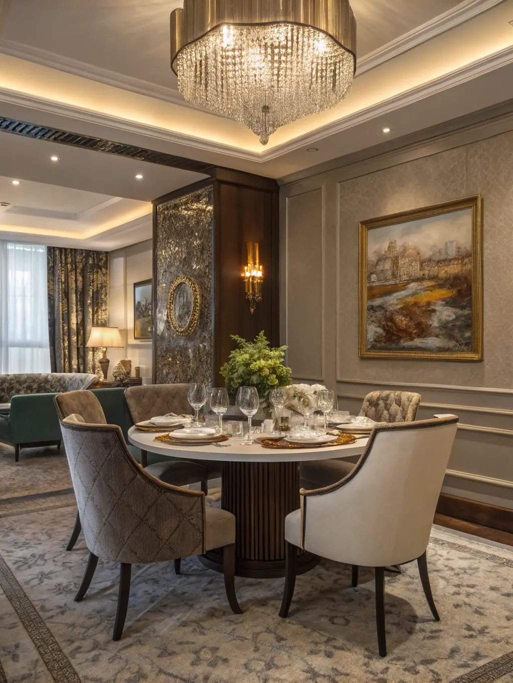 An image of a meticulously planned and decorated dining room, showcasing Art Smart London's comprehensive interior decoration services.