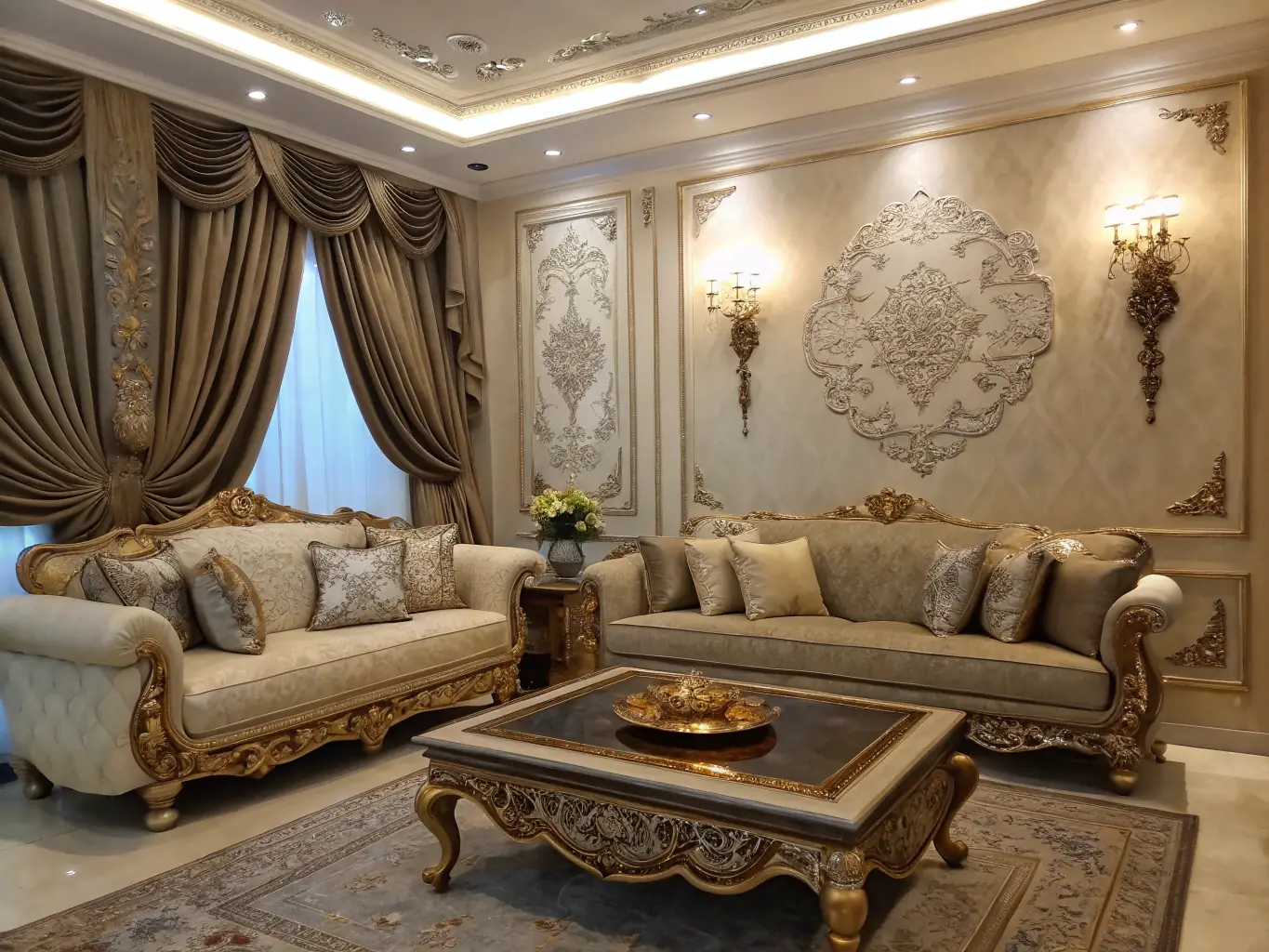 A brightly lit, luxurious living room featuring a custom-designed sofa, bespoke artwork, and elegant lighting fixtures, showcasing Art Smart London's attention to detail and high-end design aesthetic.