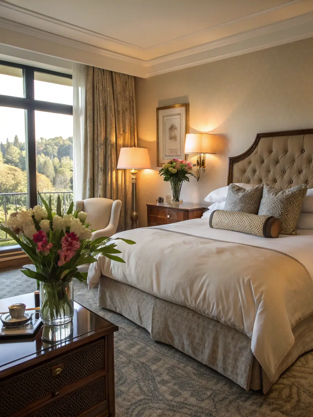 A picture of a sophisticated bedroom with custom lighting and luxurious textiles, illustrating Art Smart London's expertise in lighting and textile selection.